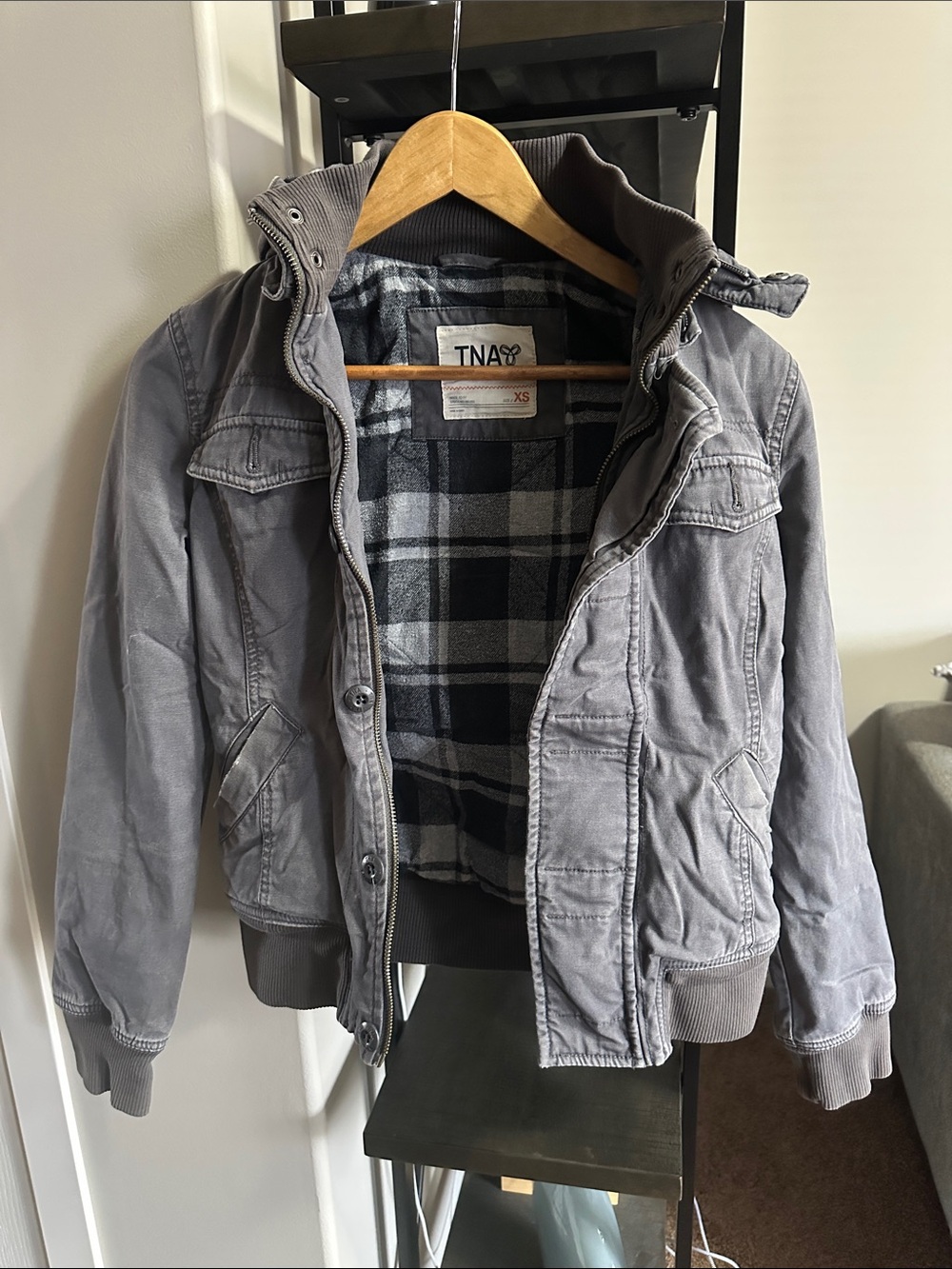 TNA Kids Gray Hooded Puffer Jacket with Plaid Lining